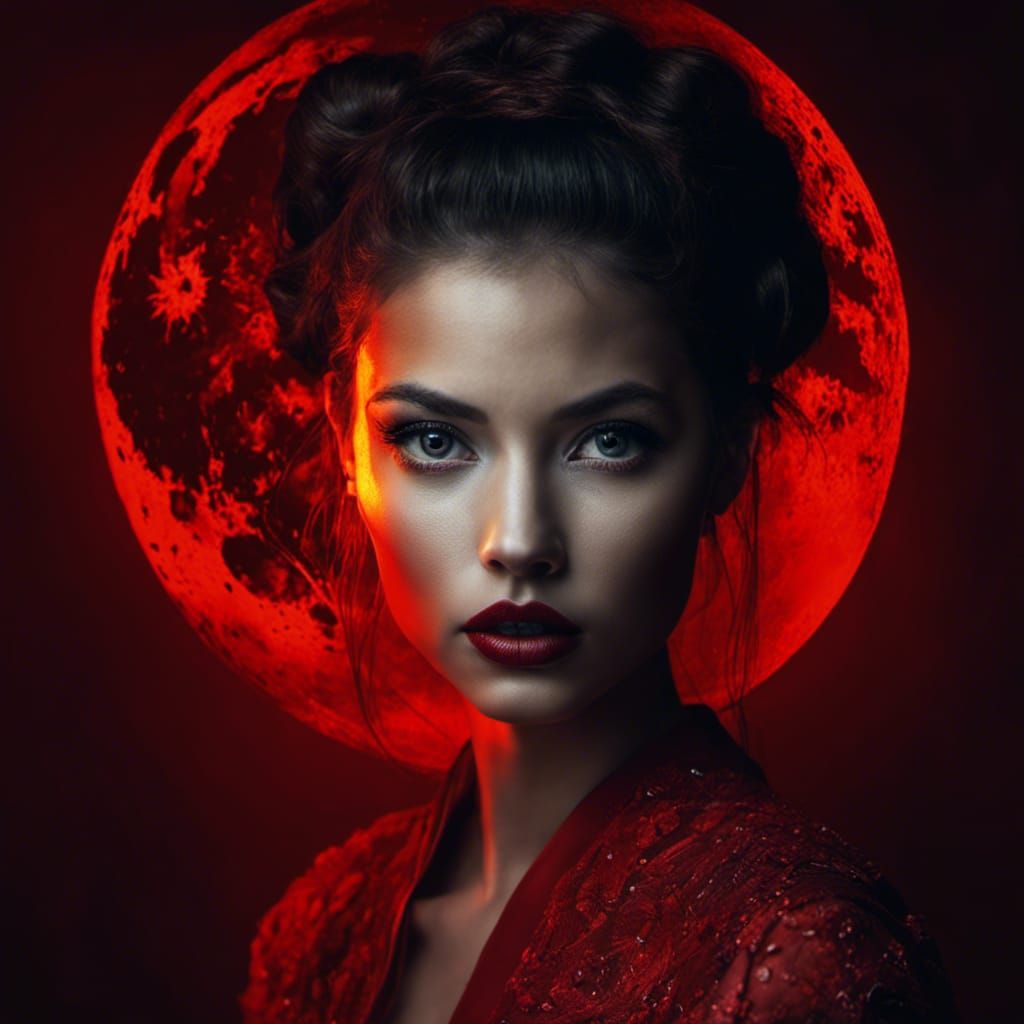 Striking Portrait of Girl with Red Moon