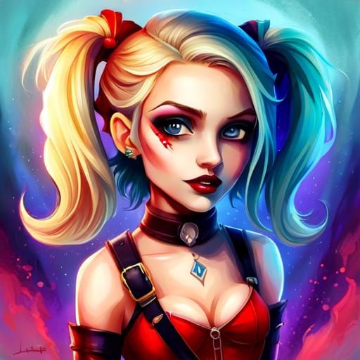 Adorable Chibi Harley Quinn in Colorful Splash Art