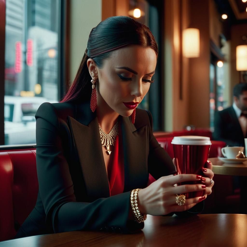 Woman in Red Suit at Café: Cinematic Still