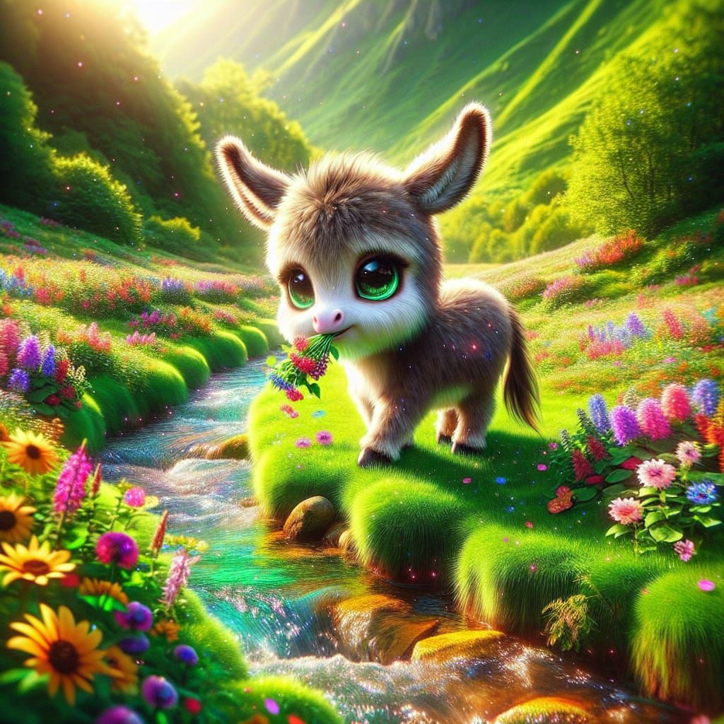 Chibi Donkey Enjoys Flowers in a Verdant Field