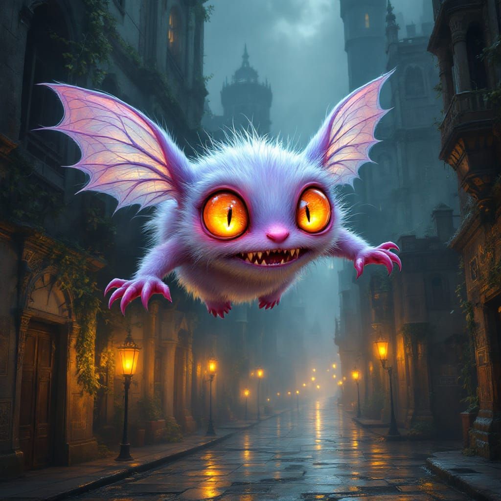 Iridescent Creature in Dystopian Cityscape