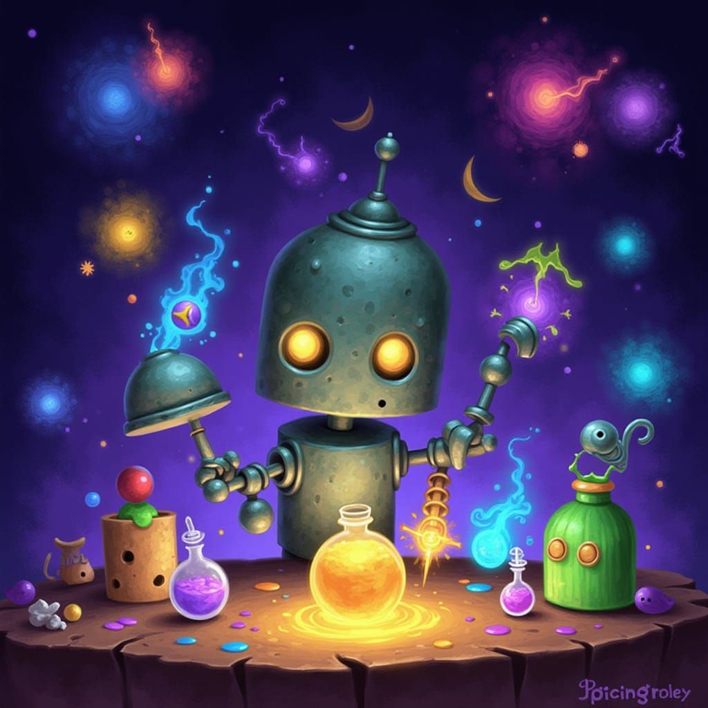 Tiny Robots Brewing Magical Potions in Whimsical Setting