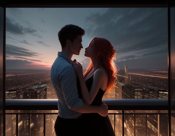 Lovers Embrace on Balcony at Sunset in Hyperrealism