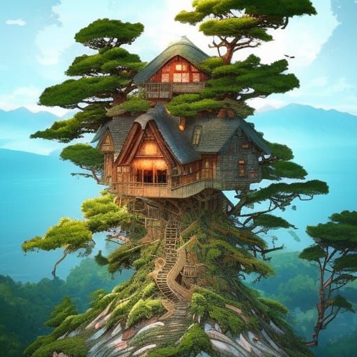 Cottage on Mountain Lake in Digital Illustration