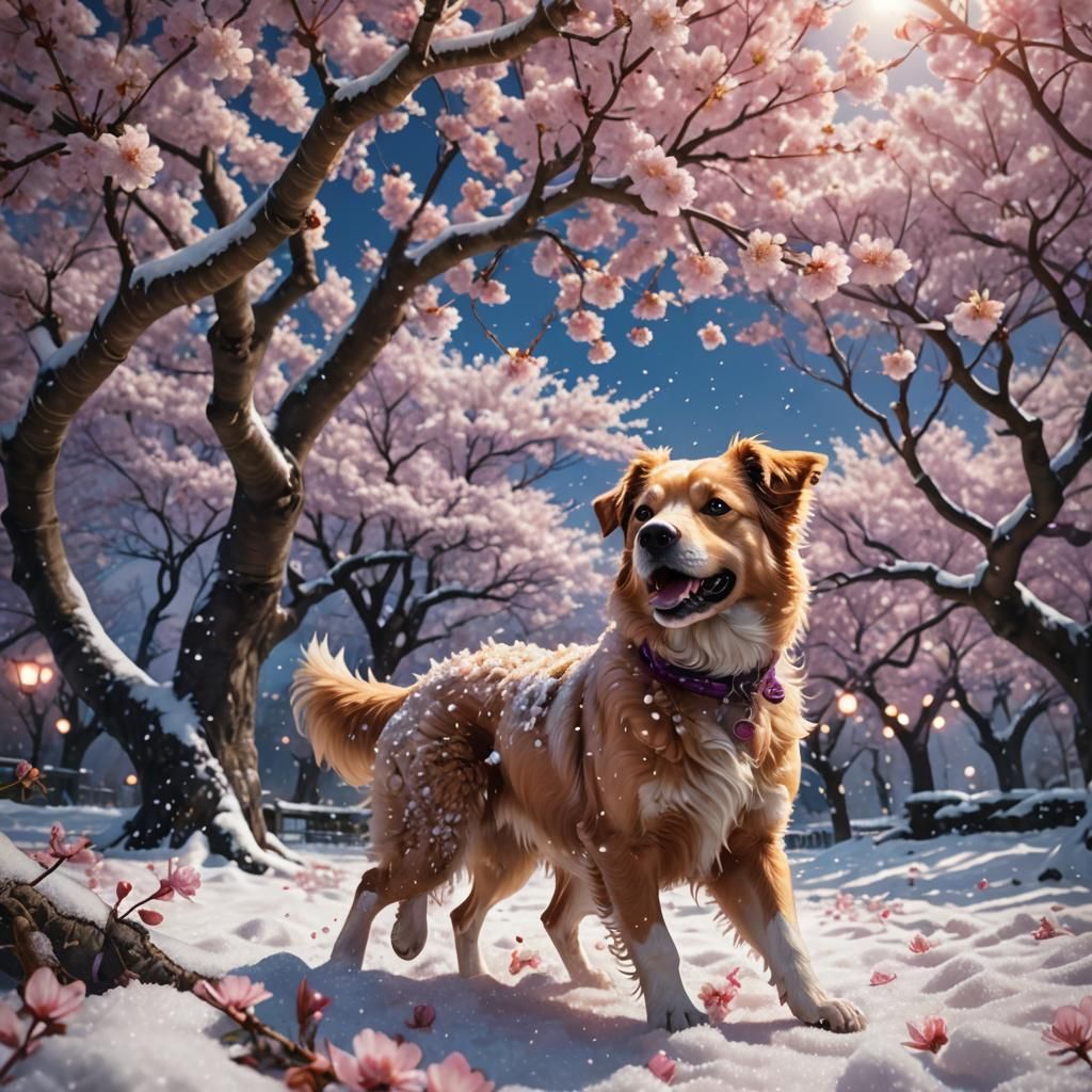 Dog Playing Under Cherry Blossoms in Fantasy Landscape