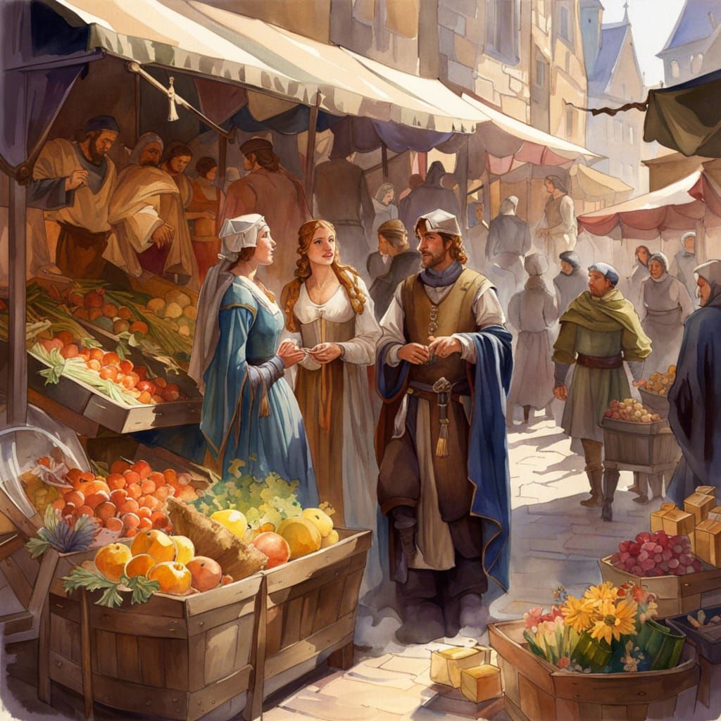 "A medieval market in old England with merchants stalls, families interacting, knights, flowers, happy, magical look, wa...
