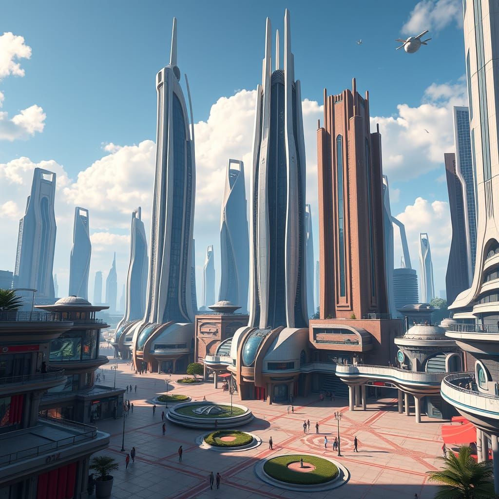 Futuristic City Piazza: Detailed Matte Painting in 8K