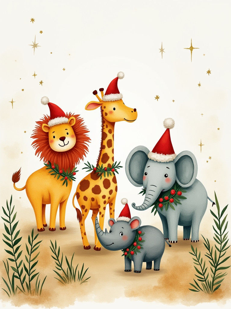 Safari Animals Celebrate Christmas in Watercolor Style