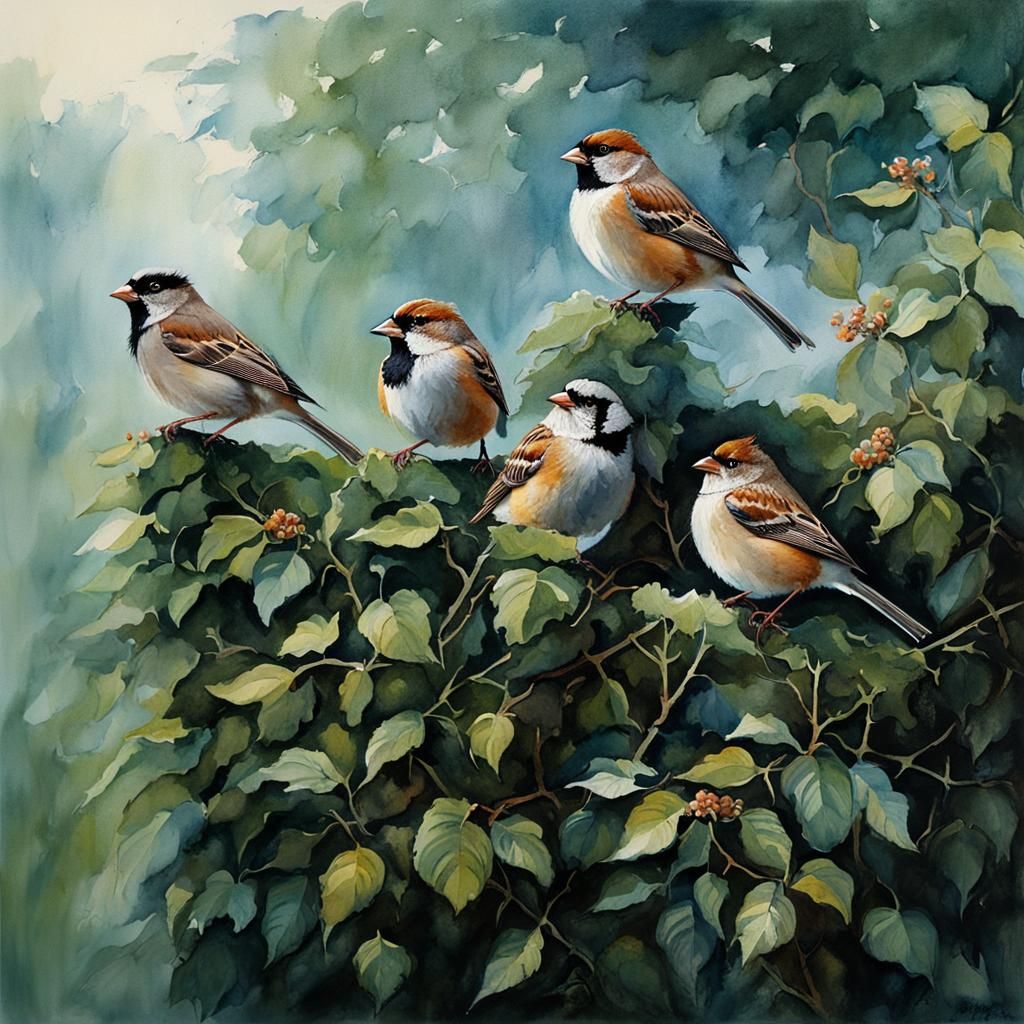 House Sparrows in Hedge: Watercolor Painting