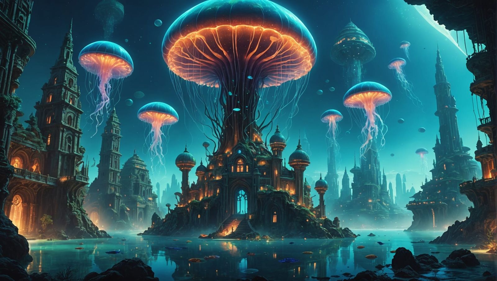 Bioluminescent Jellyfish Over Alien Cityscape