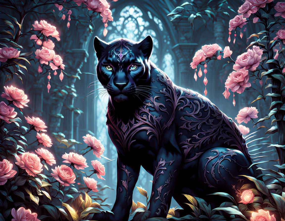 Black Panther With Peacock Feathers In Bioluminescent Jungle