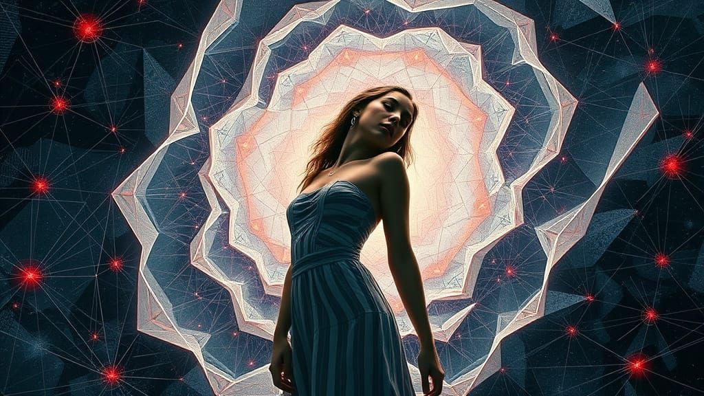 Woman Posing in Hyper-Detailed Recursive Geometric Dreamscap...