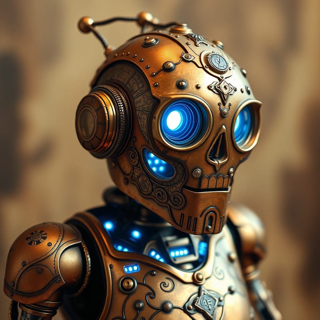 Ornate Vintage Robot with Filigree and Blue Circuitry