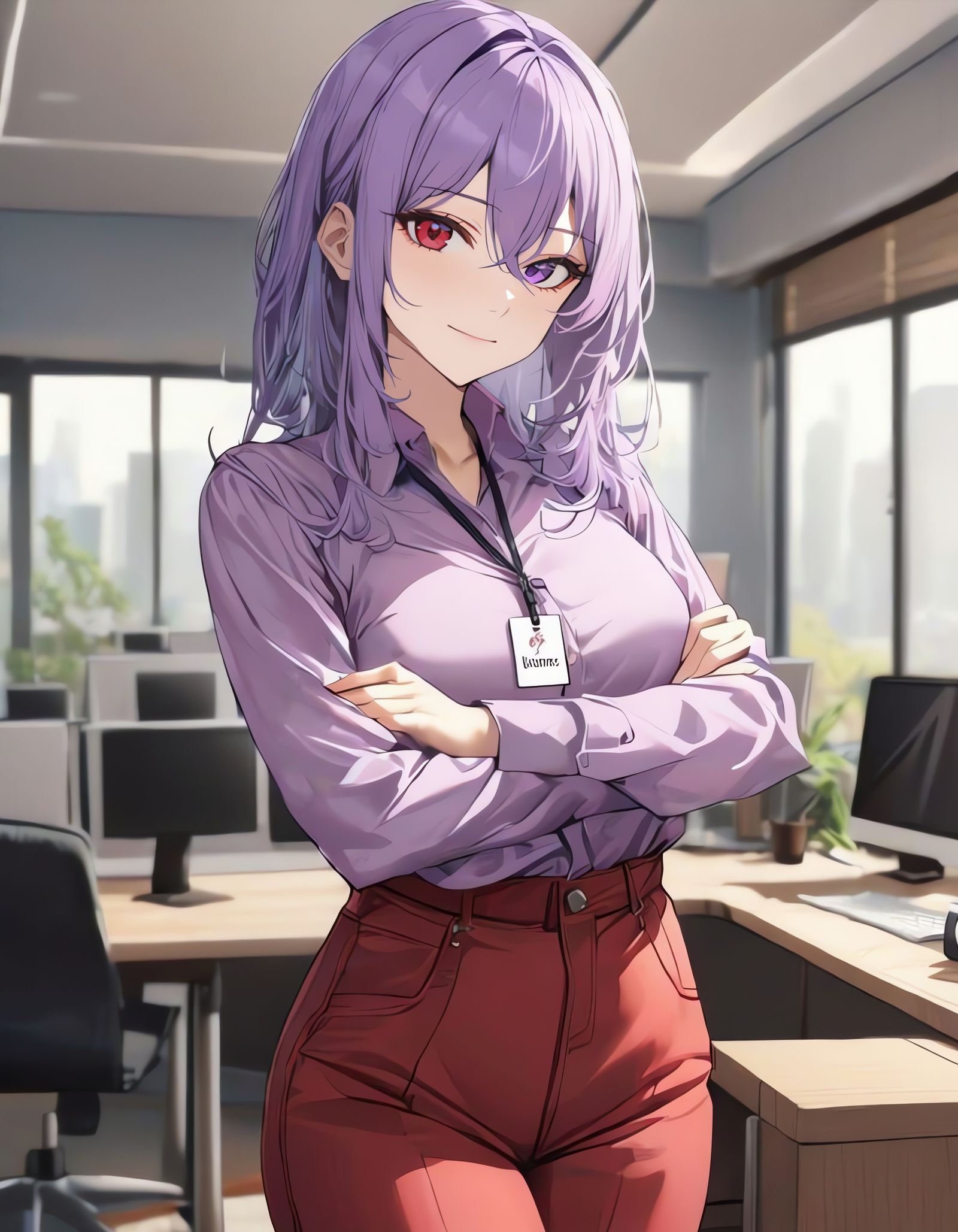 Woman in Office with Purple Hair and Heterochromia