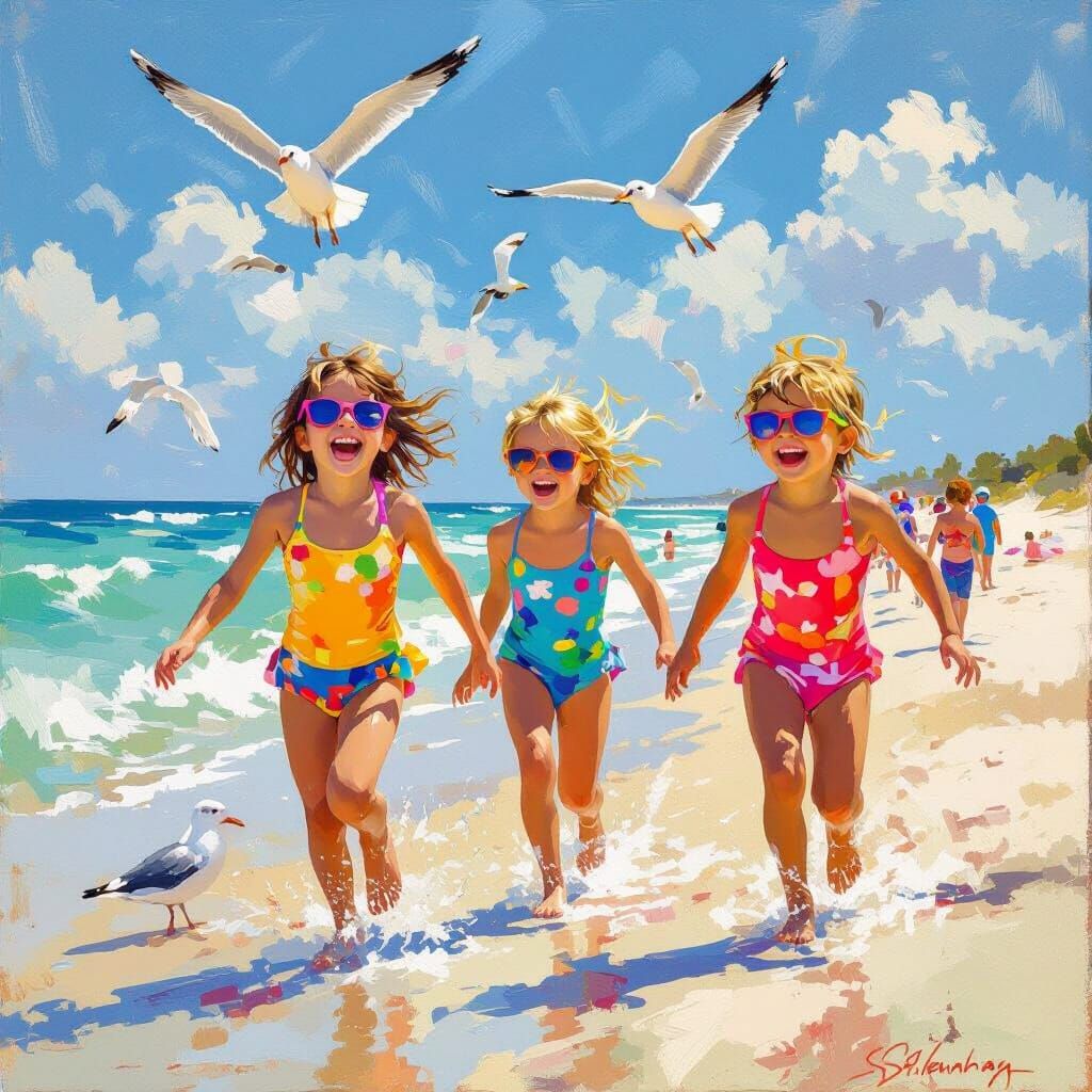 Children Chasing Seagulls on Florida Beach: Impressionistic ...