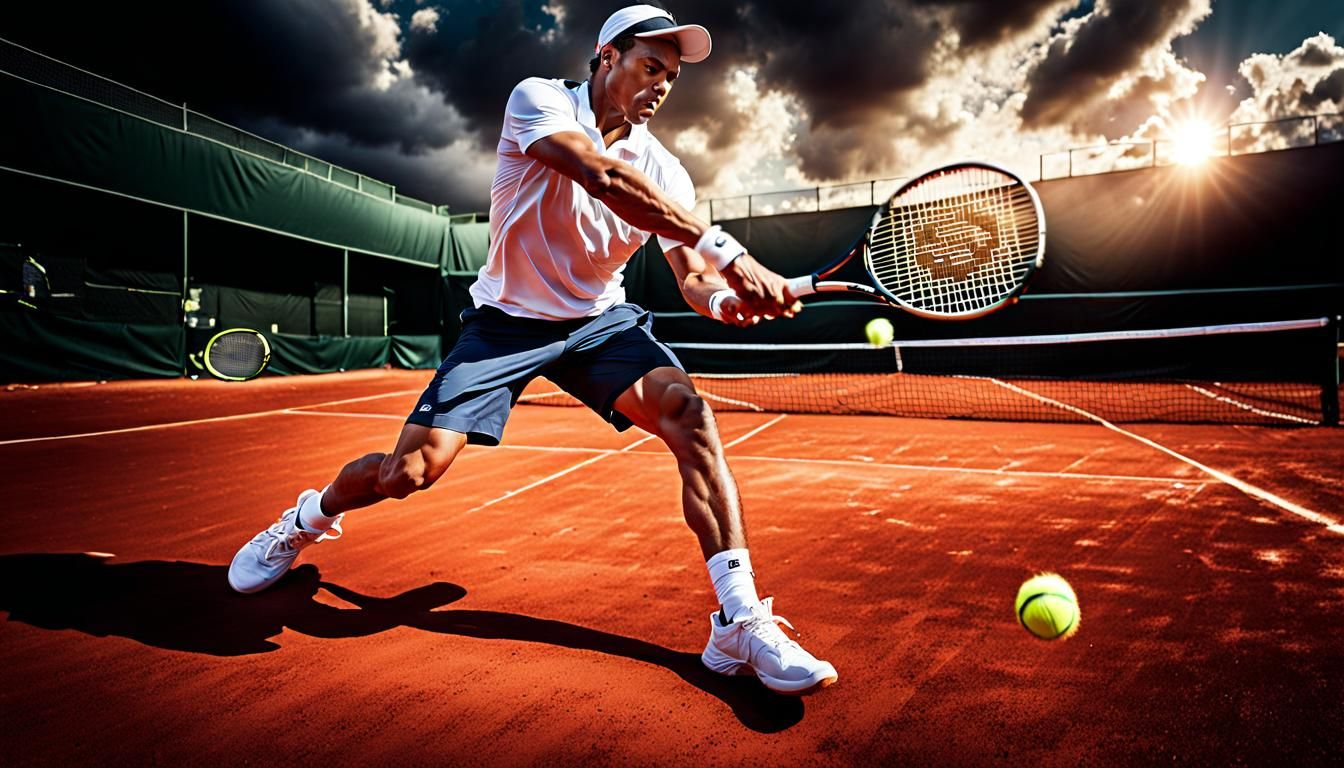 Tennis Player's Powerful Serve on Clay Court