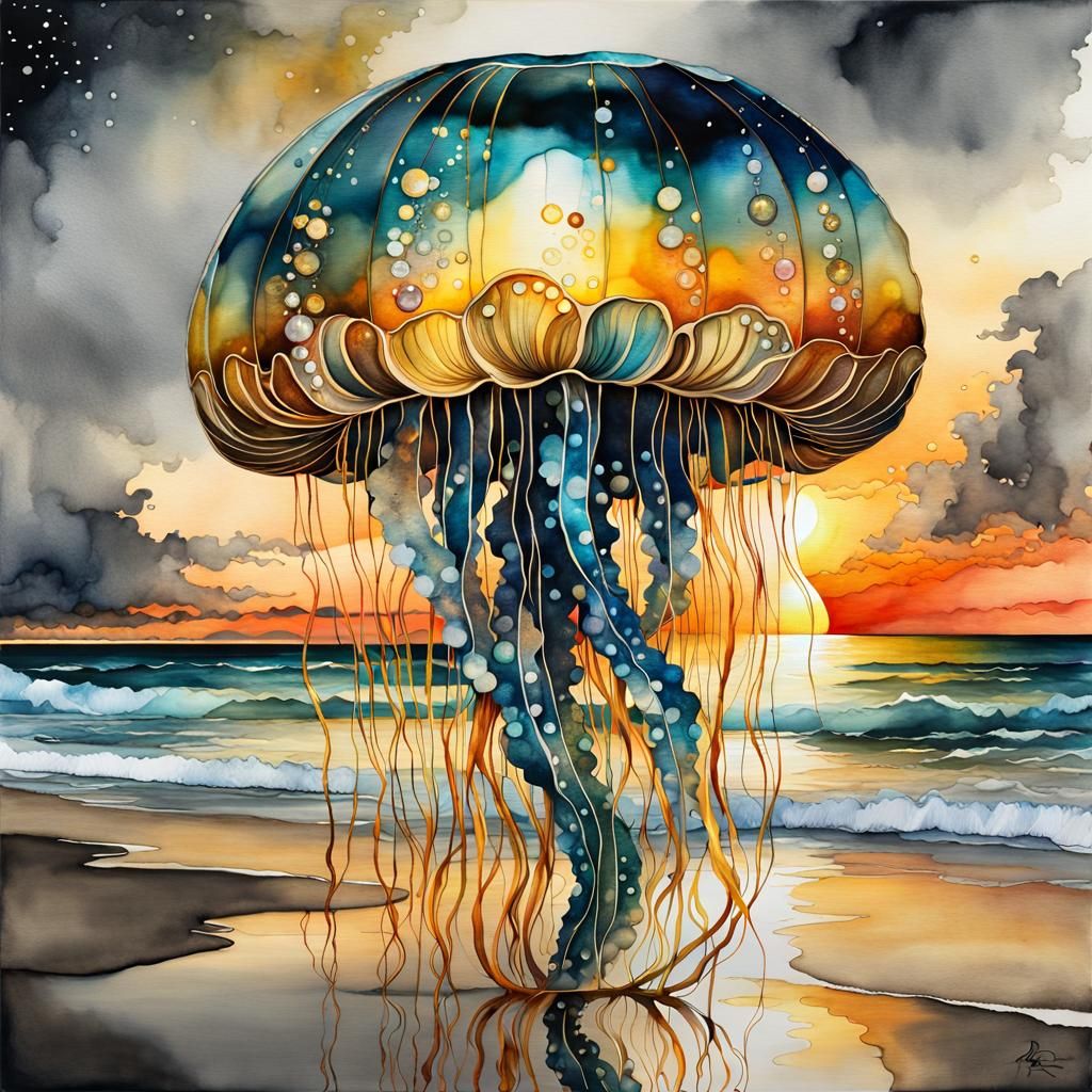 Jellyfish in Beach Sunset Watercolor Painting