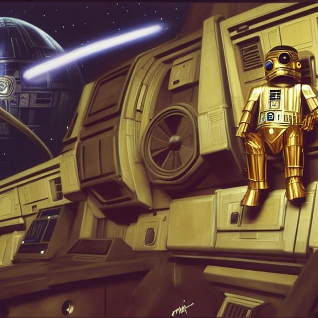 Ewoks, R2-D2, C-3PO on Millennium Falcon