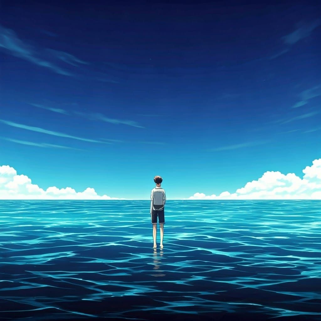 Surreal Anime Seaside Scene with Cel-Shaded Details