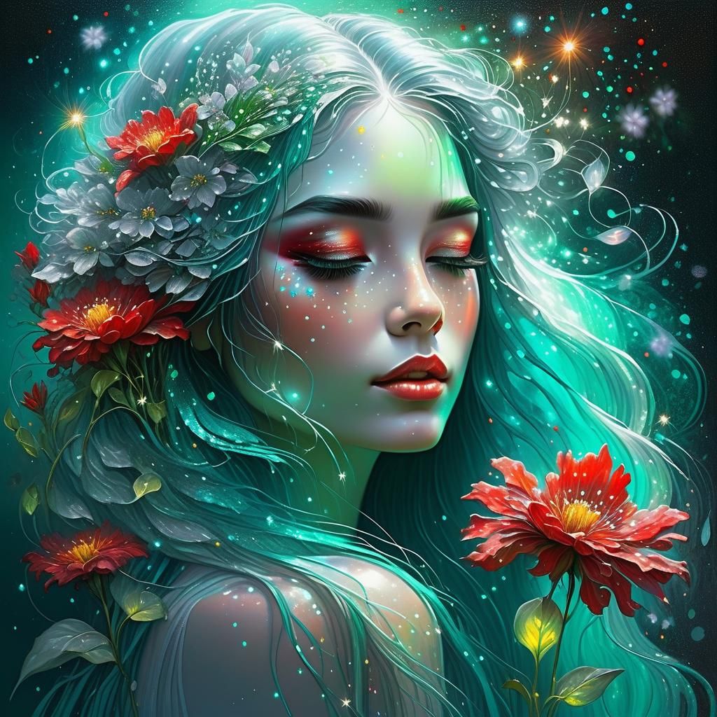 Ethereal Woman with Mystical Flowers and Teal Hair
