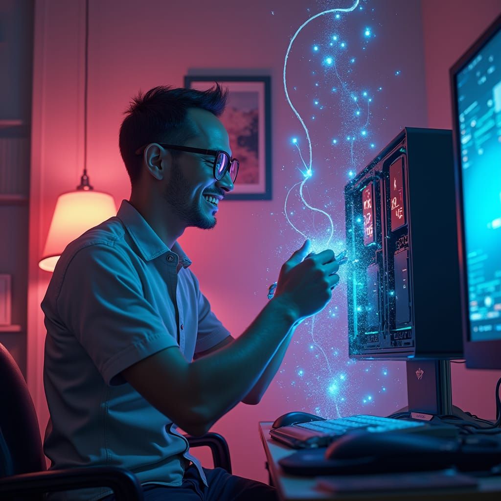 Enthusiastic Technician in a Dreamlike Futuristic Concept Ar...