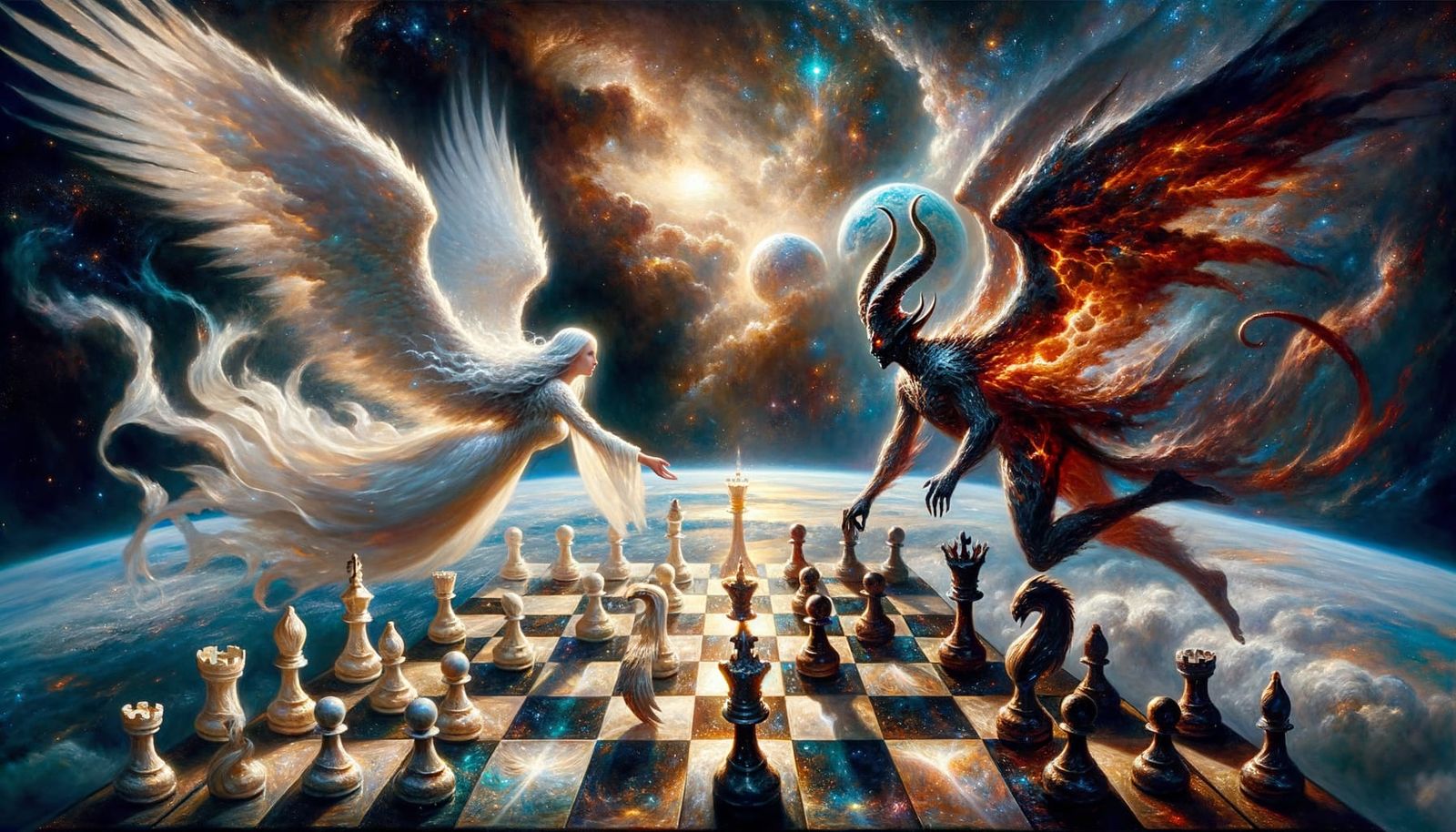 Celestial Chess Game on Earth in Symbolist Style