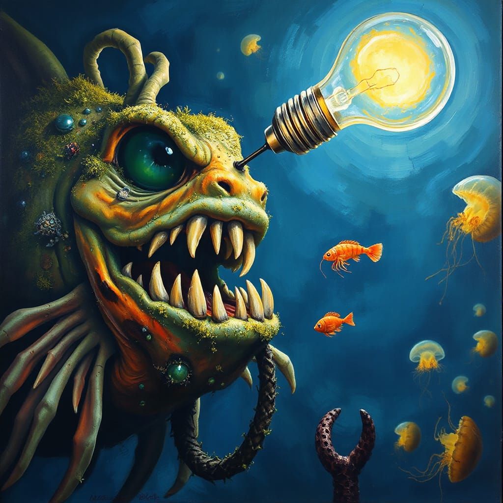 Eerie Deep-Sea Anglerfish in Neo-Impressionist Oil Painting