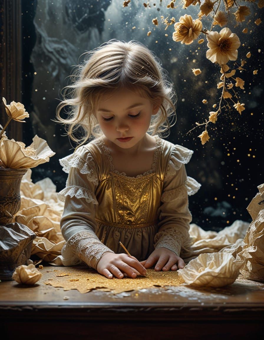 Dreamlike Child in Whimsical Mixed Media Wonderland