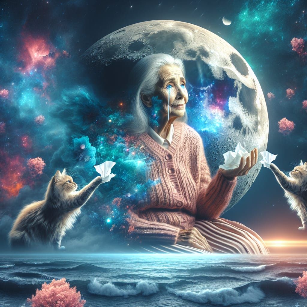Emotional Woman Comforted by Lunar Cats on the Moon