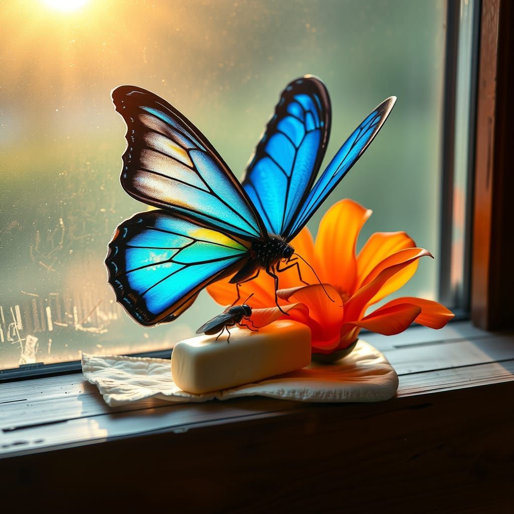 Dreamlike Still Life with Iridescent Butterfly