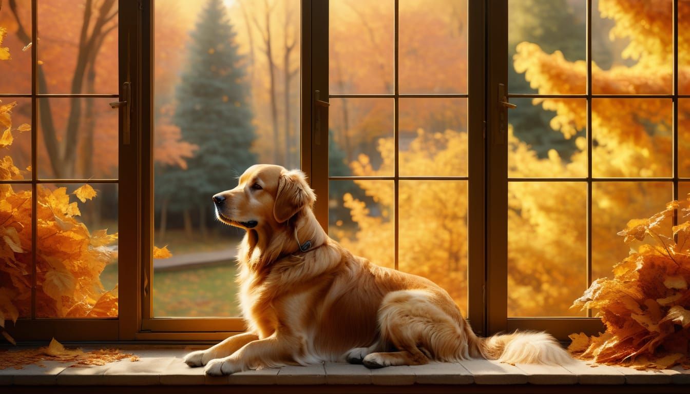 Fluffy Golden Retriever Overlooks Autumn Woods