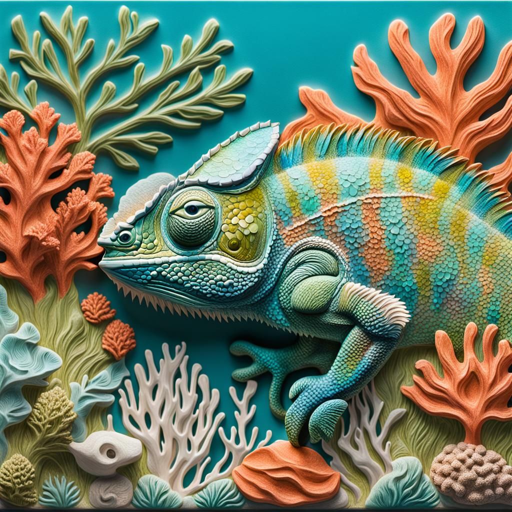 Pastel Chameleon Hiding in Coral Reef Bas-Relief