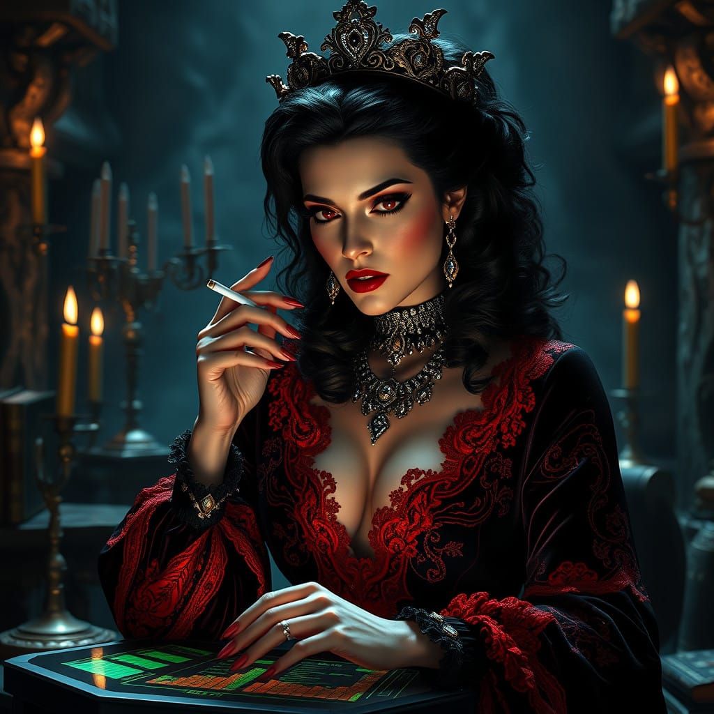 Hyperrealistic Vampire Queen Reigns in Cryptic Trading Lair