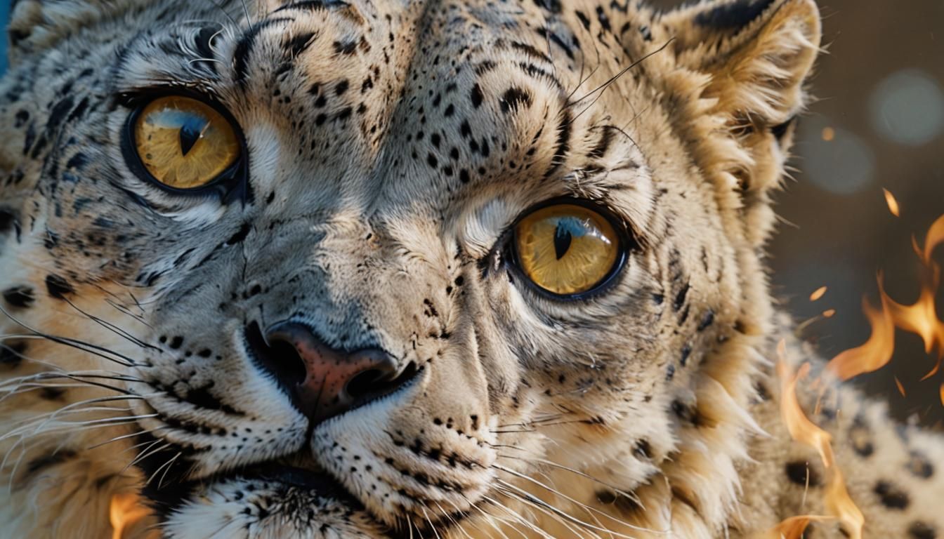 Fluffy Snow Leopard Cub Runs Over Blue Flames