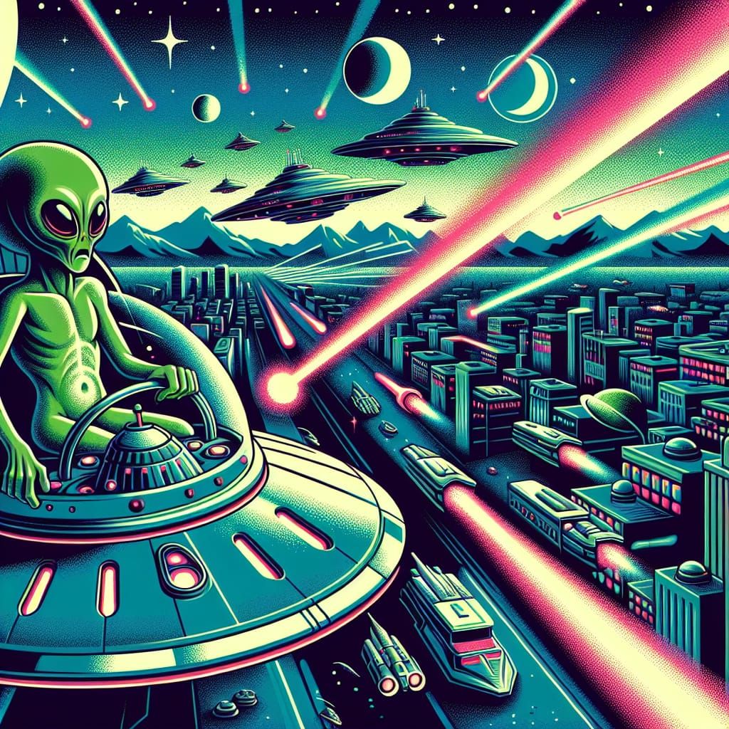 Green Alien Invasion: Retro Sci-Fi Illustration