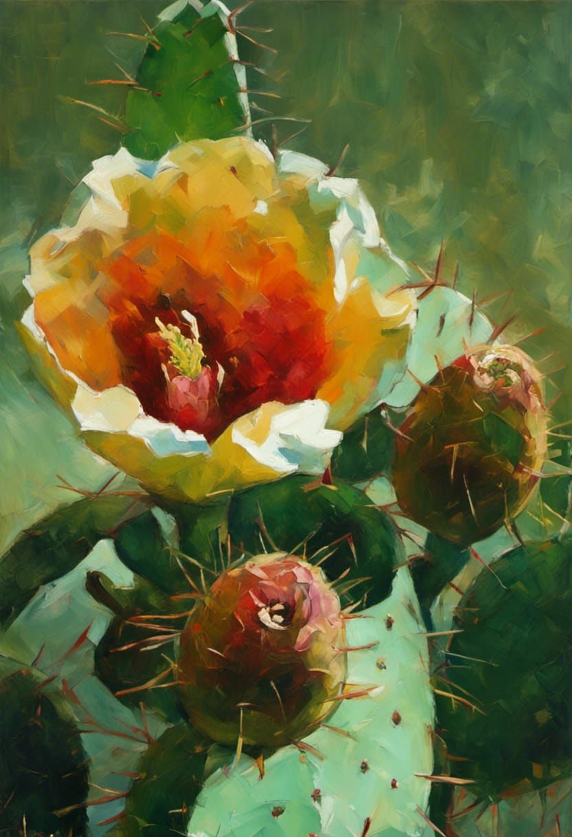 Prickly Pear Cactus in Expressionist Oil Painting