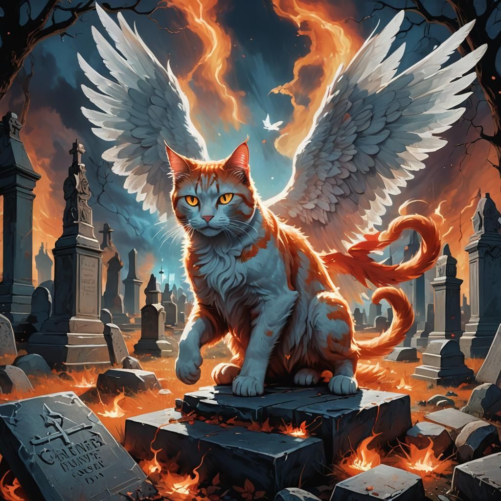 Epic Cat Battle in Graveyard: Dark Fantasy Illustration