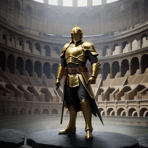 Golden Knight in Colosseum with Sword