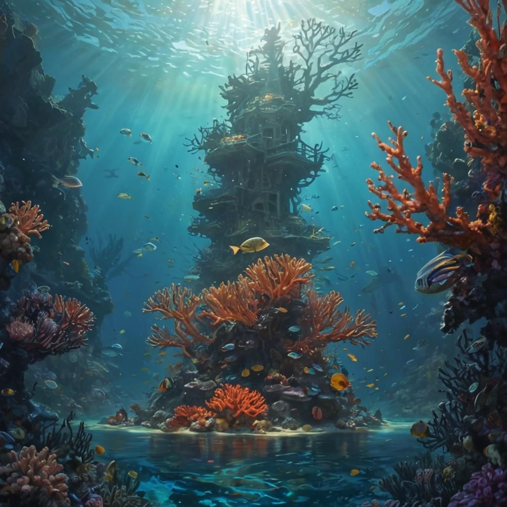 Vibrant Coral Reef Oil Painting in Golden Light