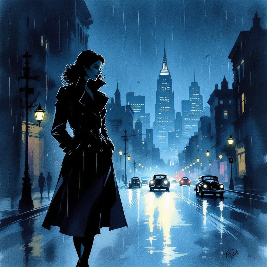 Femme Fatale on Rainy Midnight Street in Noir Style