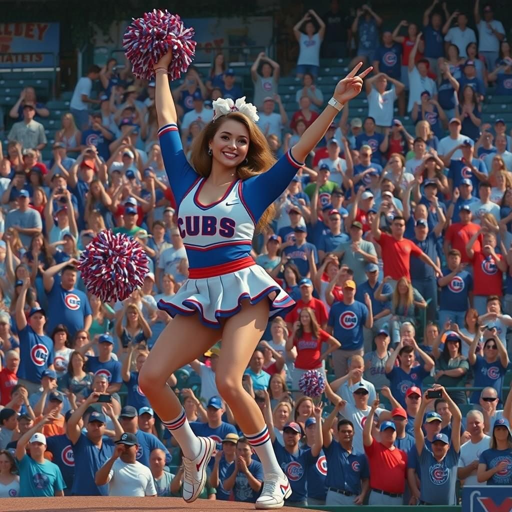 Chicago cubs cheerleader entertaining a baseball crowd in the Wrigley field ballpark