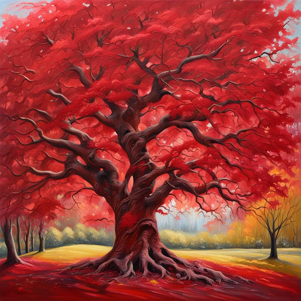 Copper Beech in Red Park: Scratchy Oil Painting