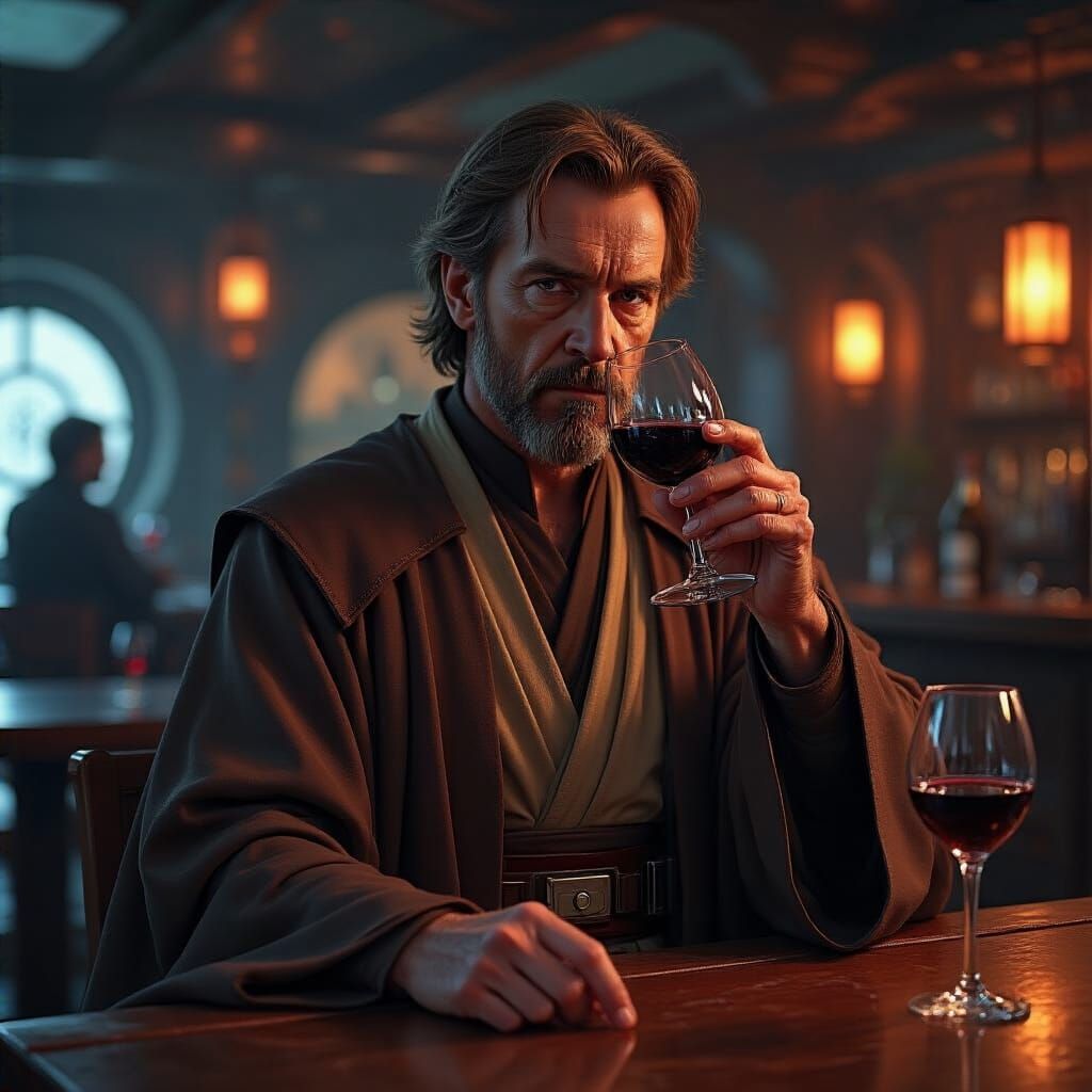 Obi-Wine-Kanobi: Jedi Sipping Wine in Sci-Fi Cantina