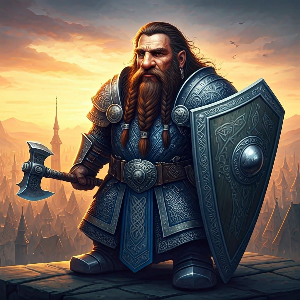 Dwarf Warrior Priest Overlooking Town, in Fantasy Art Style