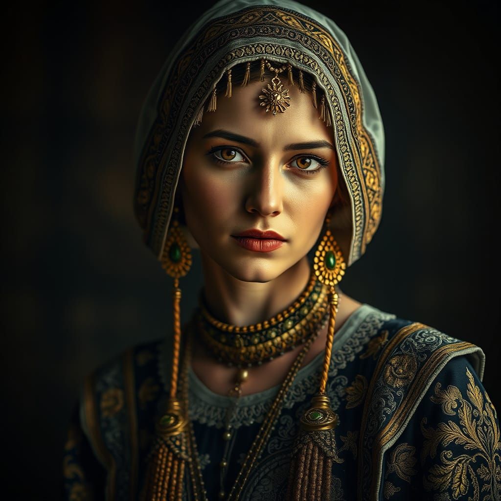 Bulgarian Woman in Opulent Folk Attire, Hyperrealist Style