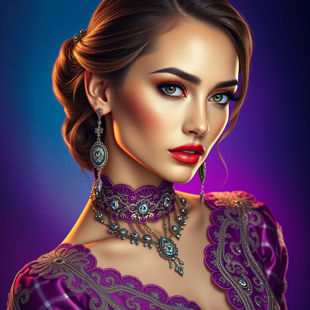 Hyperrealist Woman in Ornate Gown and Jewelry