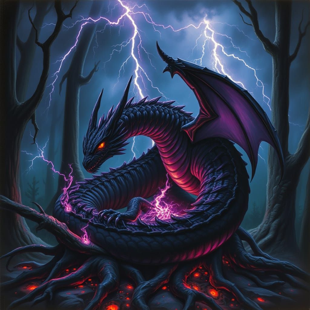 Black and Purple Dragon in Fiery, Lightning Forest
