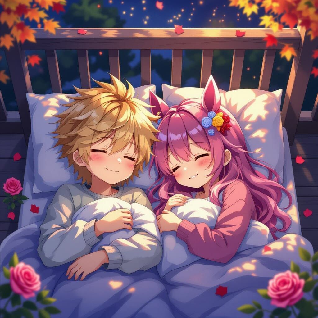 Anime Couple Sleeping Peacefully Amidst Roses and Autumn Lea...