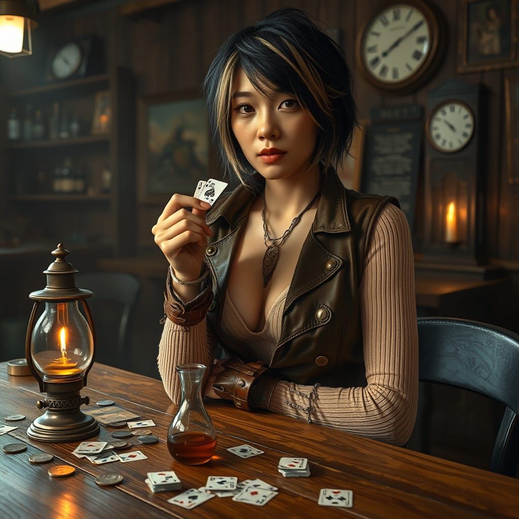 Steampunk Temptress in Dimly Lit Tavern