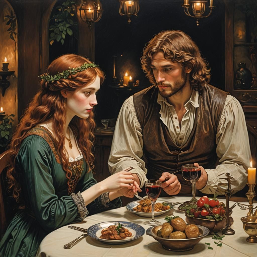 Romantic Dinner in Pre-Raphaelite Style